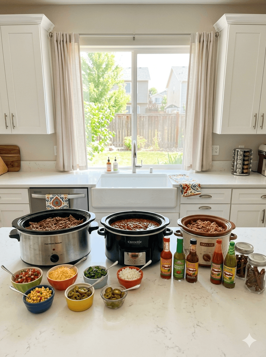 Taco bar setup with slow cookers of shredded beef and beans on a bright kitchen counter with bowls of cheese, pico de gallo, jalapeΓ±os, onions, corn, and a variety of hot sauces for toppings