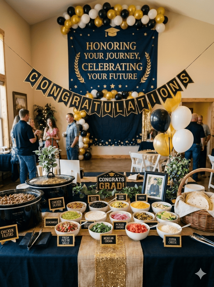 A graduation taco bar party buffet table with white ceramic bowls of colorful taco bar toppings, gold food label cards in front of each dish, a black slow cooker with seasoned ground beef, a basket of warm flour tortillas, and gold and black graduation decorations in soft natural light.