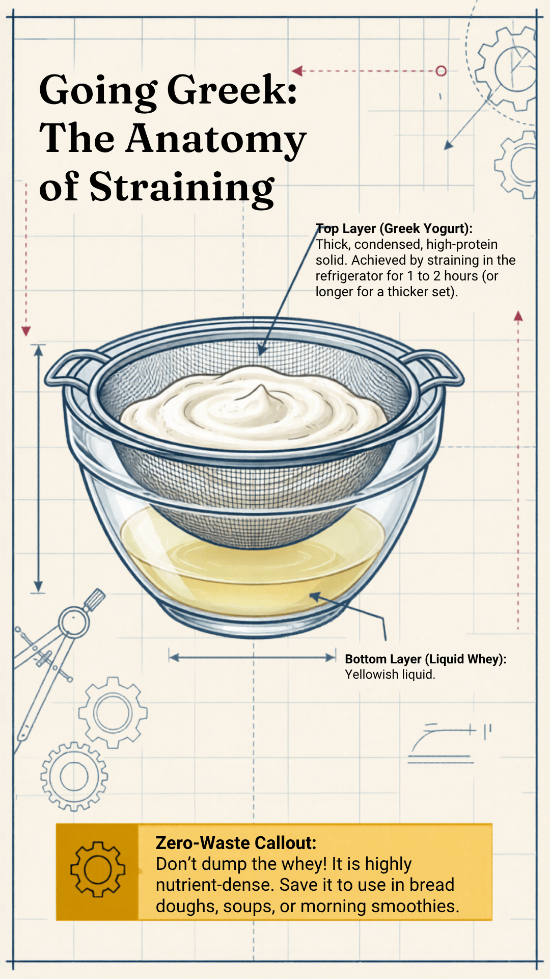 A blueprint style infographic titled Going Greek The Anatomy of Straining, showing an illustrated fine mesh strainer set over a glass bowl with thick white Greek yogurt in the top layer and yellowish liquid whey in the bottom layer, with a gold callout box at the bottom reminding readers not to dump the whey and to save it for bread doughs, soups, or smoothies.