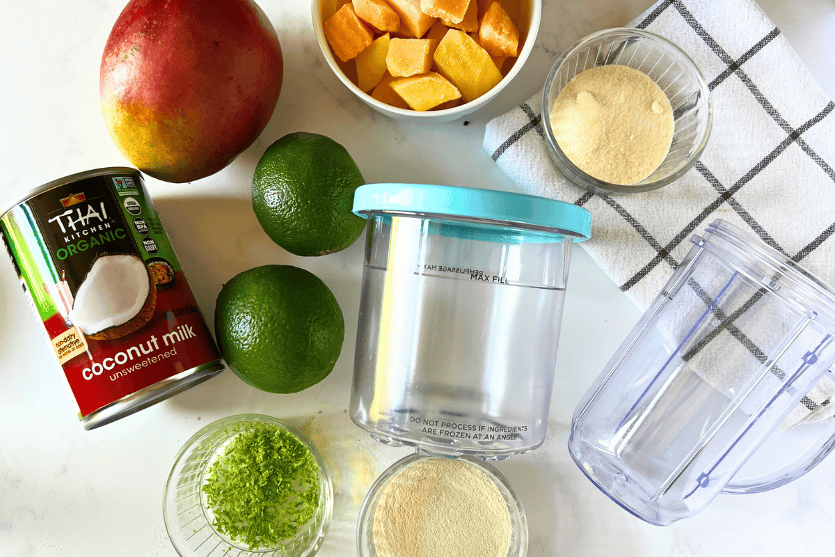 overhead view of ingredients for mango coconut ice cream in the Ninja Creami including frozen mango chunks coconut milk limes lime zest and monk fruit sweetener on a white marble countertop