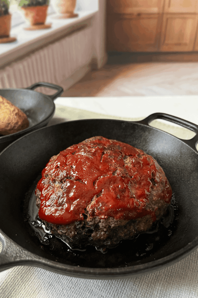 An old fashioned meatloaf with a shiny ketchup topping baked in a black cast iron skillet, photographed on a cream linen with warm wood cabinets and herb pots on a windowsill behind it.