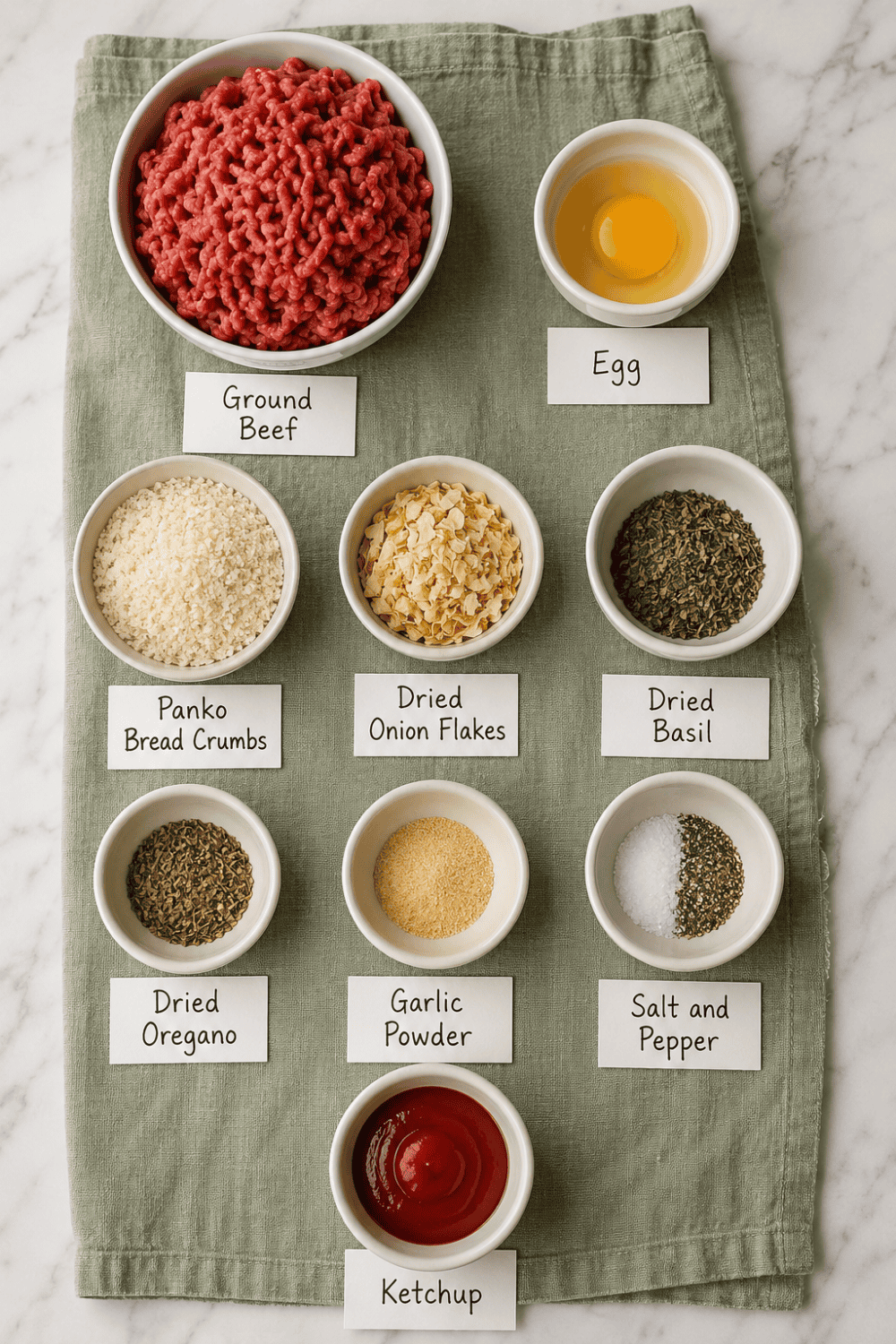 Overhead flat lay of cast iron skillet meatloaf ingredients in white bowls on a sage green linen cloth and white marble surface, labeled with white cards including ground beef, egg, Panko bread crumbs, dried onion flakes, dried basil, dried oregano, garlic powder, salt and pepper, and ketchup.