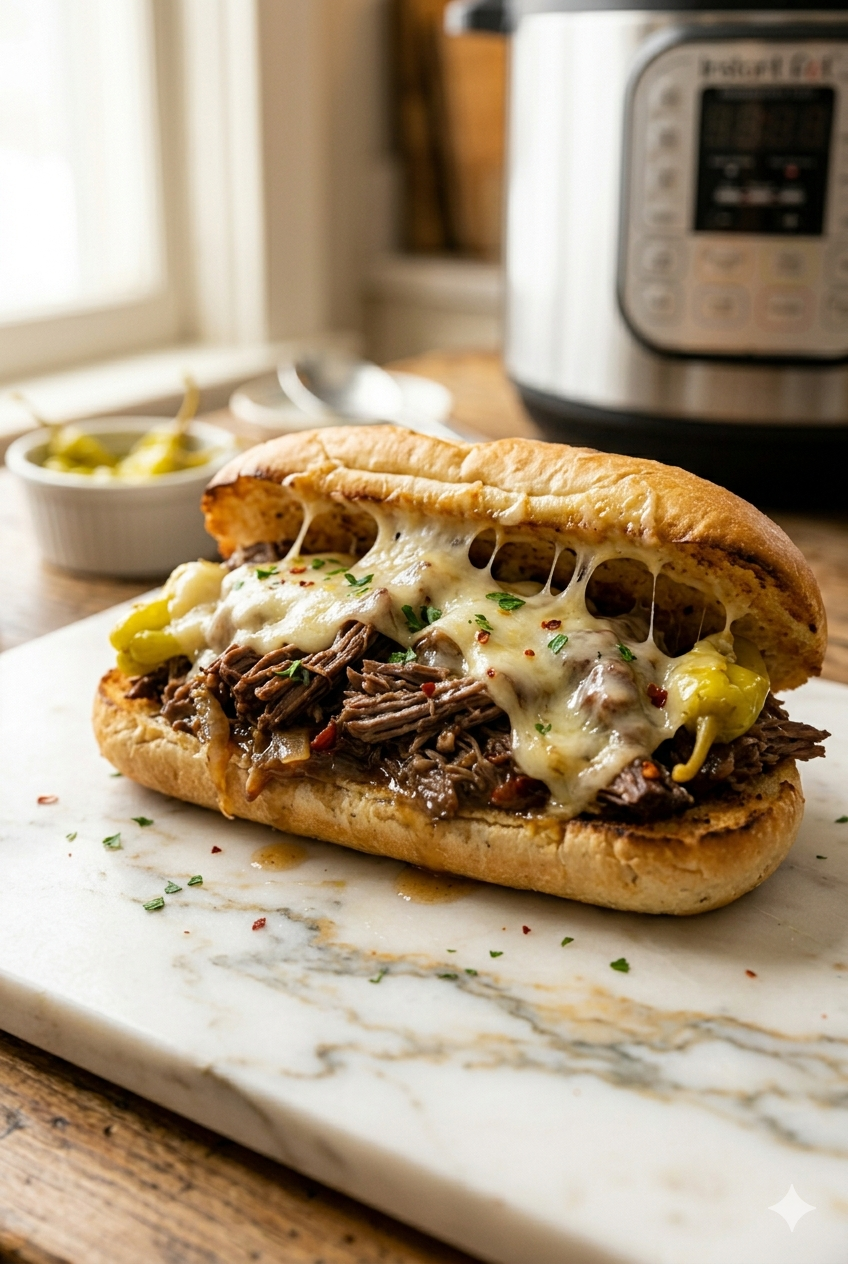 Close-up of a Mississippi Pot Roast sandwich on a marble countertop with melted provolone cheese stretching from a toasted bun filled with tender shredded beef, pepperoncini peppers, and au jus, with an Instant Pot visible in the background and a small bowl of pepperoncini peppers to the side.