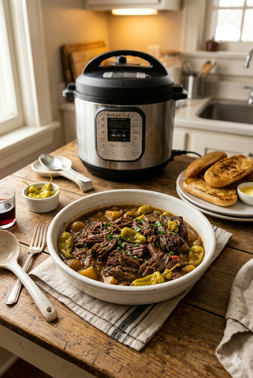 Mississippi Pot Roast Instant Pot dinner setup on a wooden table. A white ceramic bowl filled with tender shredded beef in au jus sauce with pepperoncini peppers and fresh herbs sits in the foreground. An Instant Pot pressure cooker is centered in the background, with toasted hoagie buns on a plate, a small bowl of pepperoncini peppers, and table settings visible.