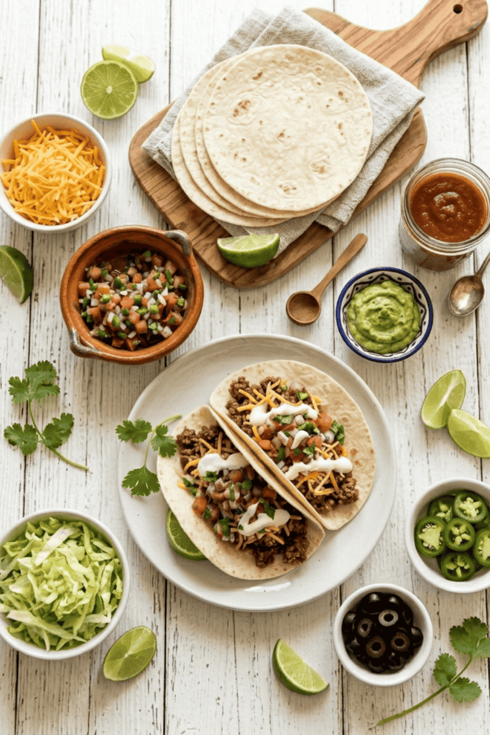 Overhead flat lay of a taco bar party spread on a white wood surface. Center white plate holds two soft flour tacos filled with seasoned ground beef, shredded cheddar cheese, pico de gallo, and a drizzle of sour cream. Surrounding bowls include chunky pico de gallo in a terracotta dish, guacamole in a blue rimmed bowl, shredded cheddar cheese, sliced jalapeños, shredded lettuce, and black olives. Soft flour tortillas are stacked on a wood cutting board with a gray linen napkin, and fresh lime wedges and cilantro are scattered across the surface.