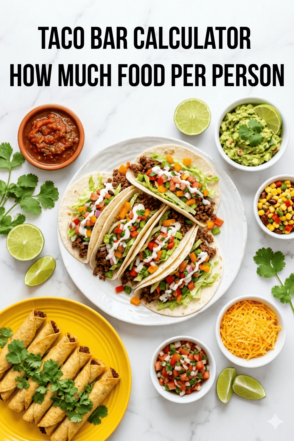 Overhead flat lay of a taco bar buffet set up on a white marble surface. Center plate holds four soft flour tacos filled with seasoned ground beef, shredded lettuce, colorful diced peppers, pico de gallo, and a drizzle of sour cream. Surrounding bowls hold chunky red salsa in a terracotta dish, fresh guacamole with cilantro, corn and black bean salsa, shredded cheddar cheese, and fresh pico de gallo. A yellow plate of crispy taquitos garnished with cilantro sits in the lower left corner. Fresh lime halves and cilantro sprigs are scattered across the surface.