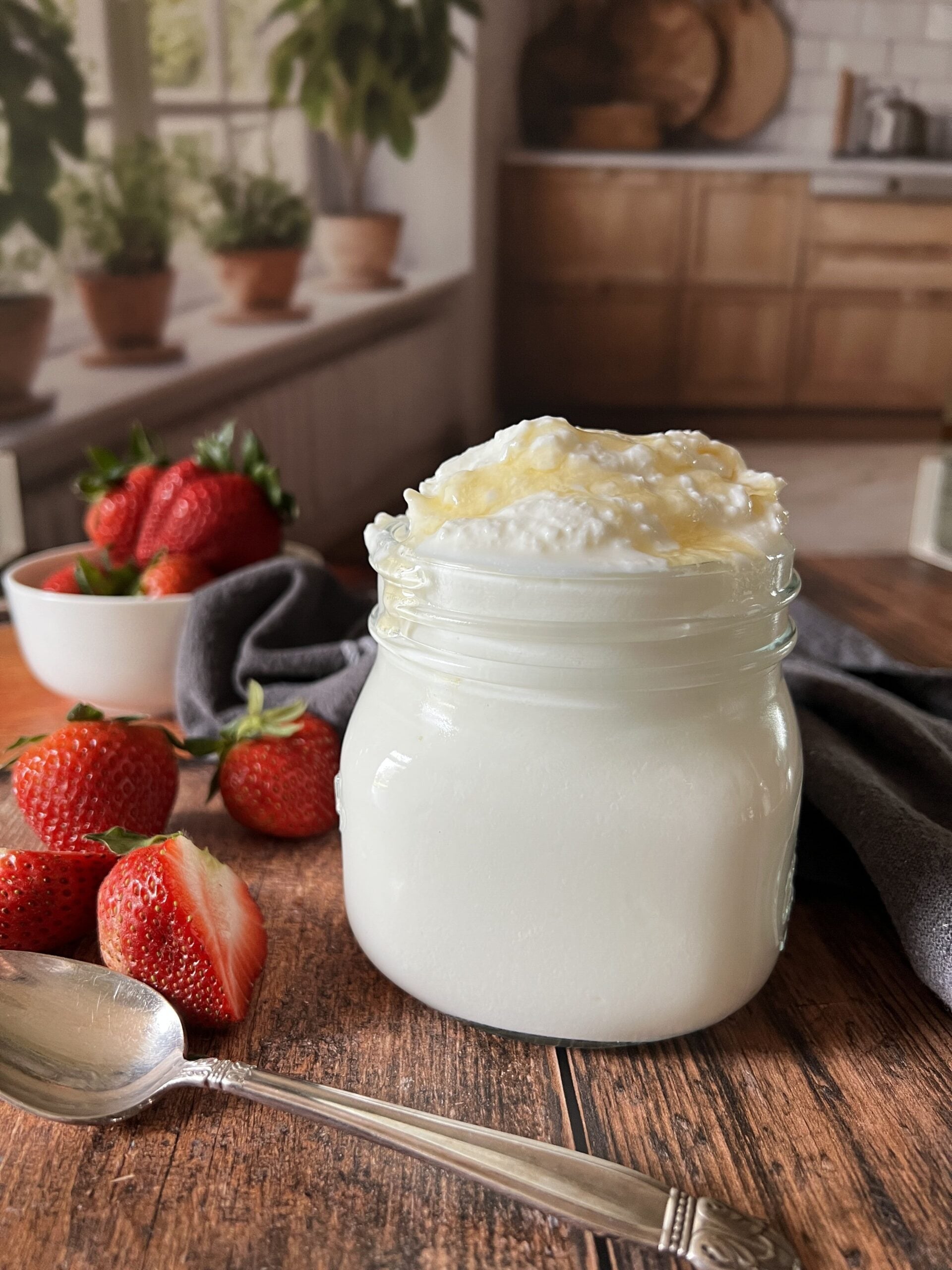 A glass jar of thick Instant Pot Greek yogurt topped with golden honey drizzle, surrounded by fresh red strawberries and a vintage silver spoon on a dark rustic wood surface with herb pots and a warm kitchen.
