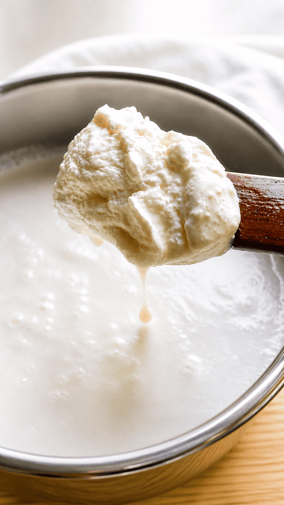 greek yogurt finishe and a scoop lifted up on a wooden spoon.