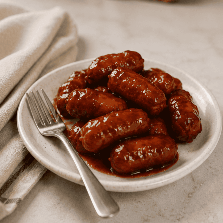 Close-up plate of BBQ little smokies mini sausages with a fork on a kitchen counter, with soft blurred cutting boards and kitchen decor in the background.
