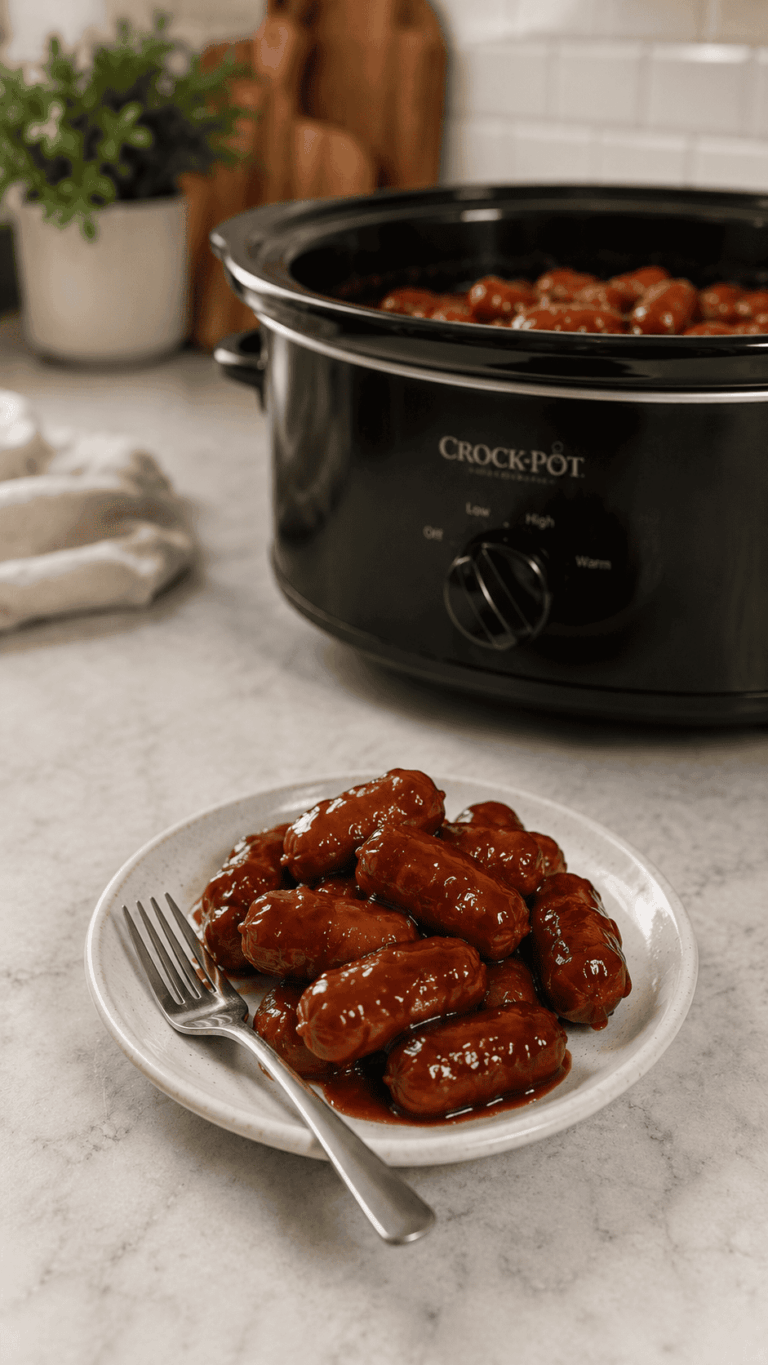 Plate of BBQ little smokies mini sausages on a small appetizer plate with a fork on a kitchen counter, with a crockpot full of little smokies blurred in the background in a modern kitchen.