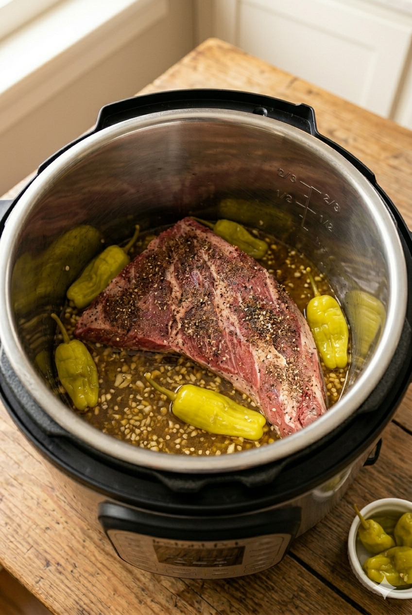 Overhead view of an open Instant Pot filled with a seasoned tri-tip roast surrounded by au jus broth, pepperoncini peppers, and minced garlic, ready for pressure cooking.