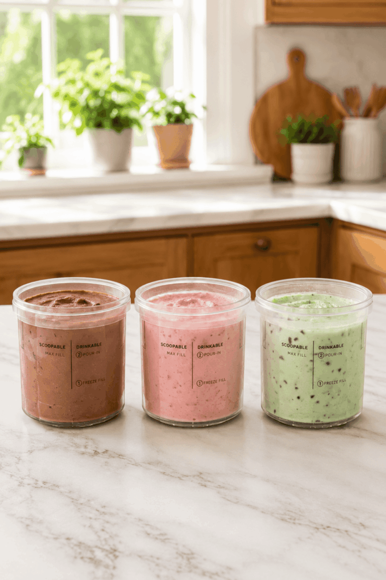 Three Ninja Creami protein ice cream pints in a row on a white marble counter showing chocolate, strawberry, and mint chocolate chip flavors in a bright farmhouse kitchen.