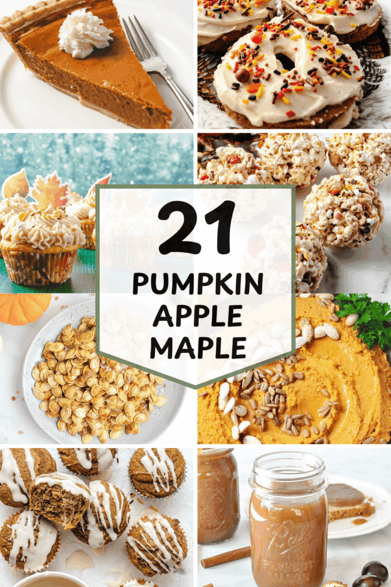 21 pumpkin apple maple fall recipes collage with pumpkin pie, frosted cookies, spice cupcakes, popcorn balls, roasted pumpkin seeds, pumpkin hummus, pumpkin muffins, and homemade caramel sauce
