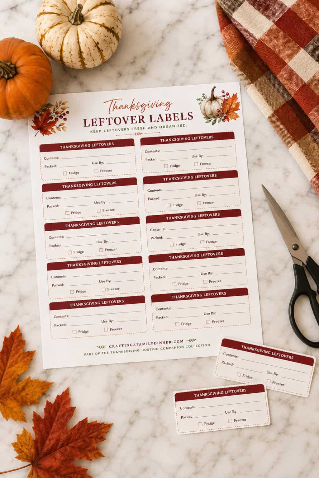 Printable Thanksgiving leftover labels with scissors and cut out labels on a white marble countertop surrounded by pumpkins, fall leaves, and a cozy plaid kitchen towel.