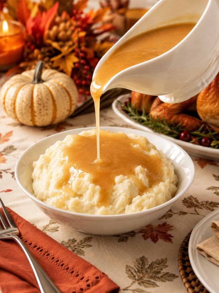Homemade turkey gravy with drippings pouring from a white gravy boat over a bowl of creamy mashed potatoes, with a roasted turkey, a white pumpkin, and fall leaves on a Thanksgiving table.