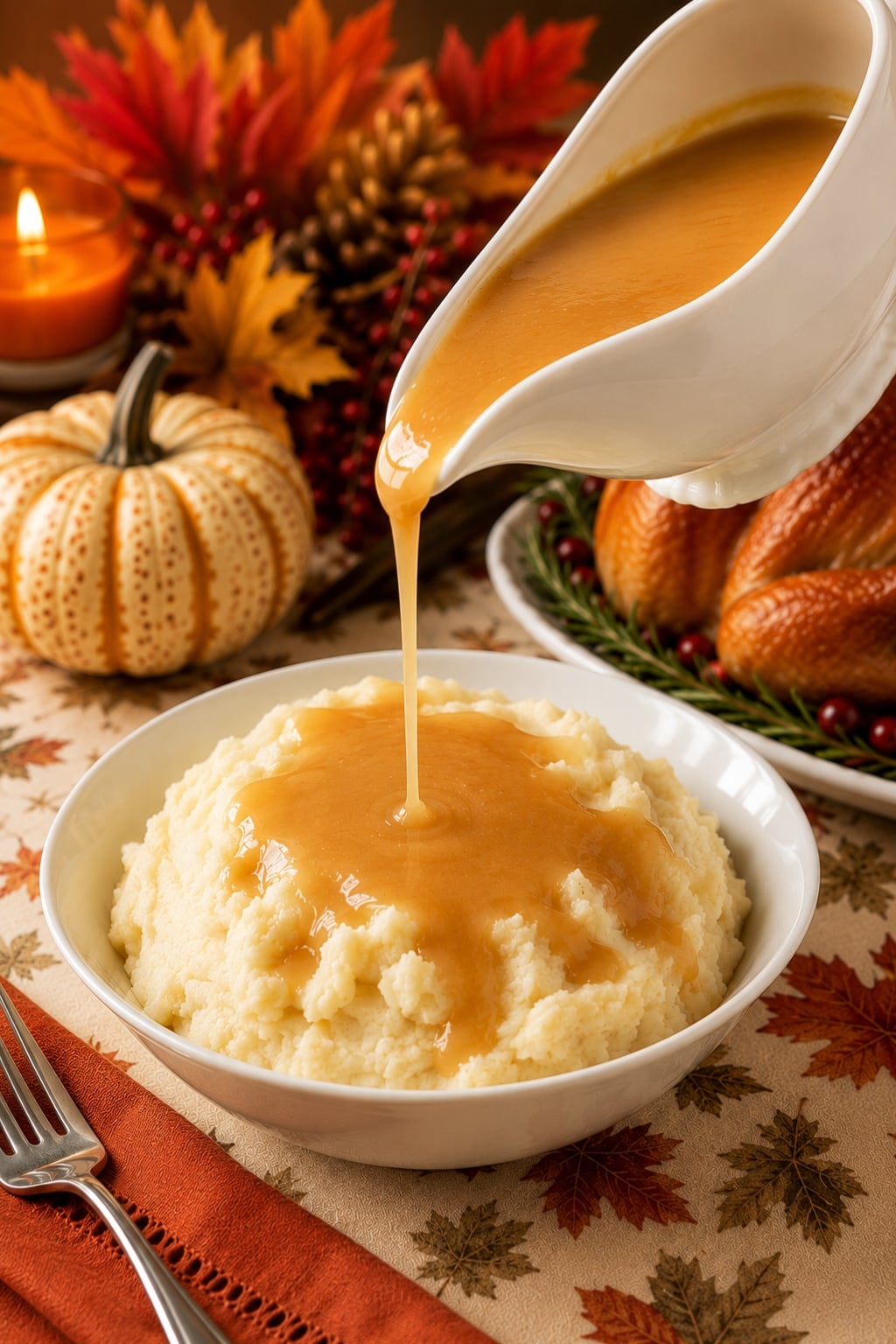 Homemade turkey gravy with drippings pouring from a white gravy boat over a bowl of creamy mashed potatoes, with a roasted turkey, a white pumpkin, and fall leaves on a Thanksgiving table.