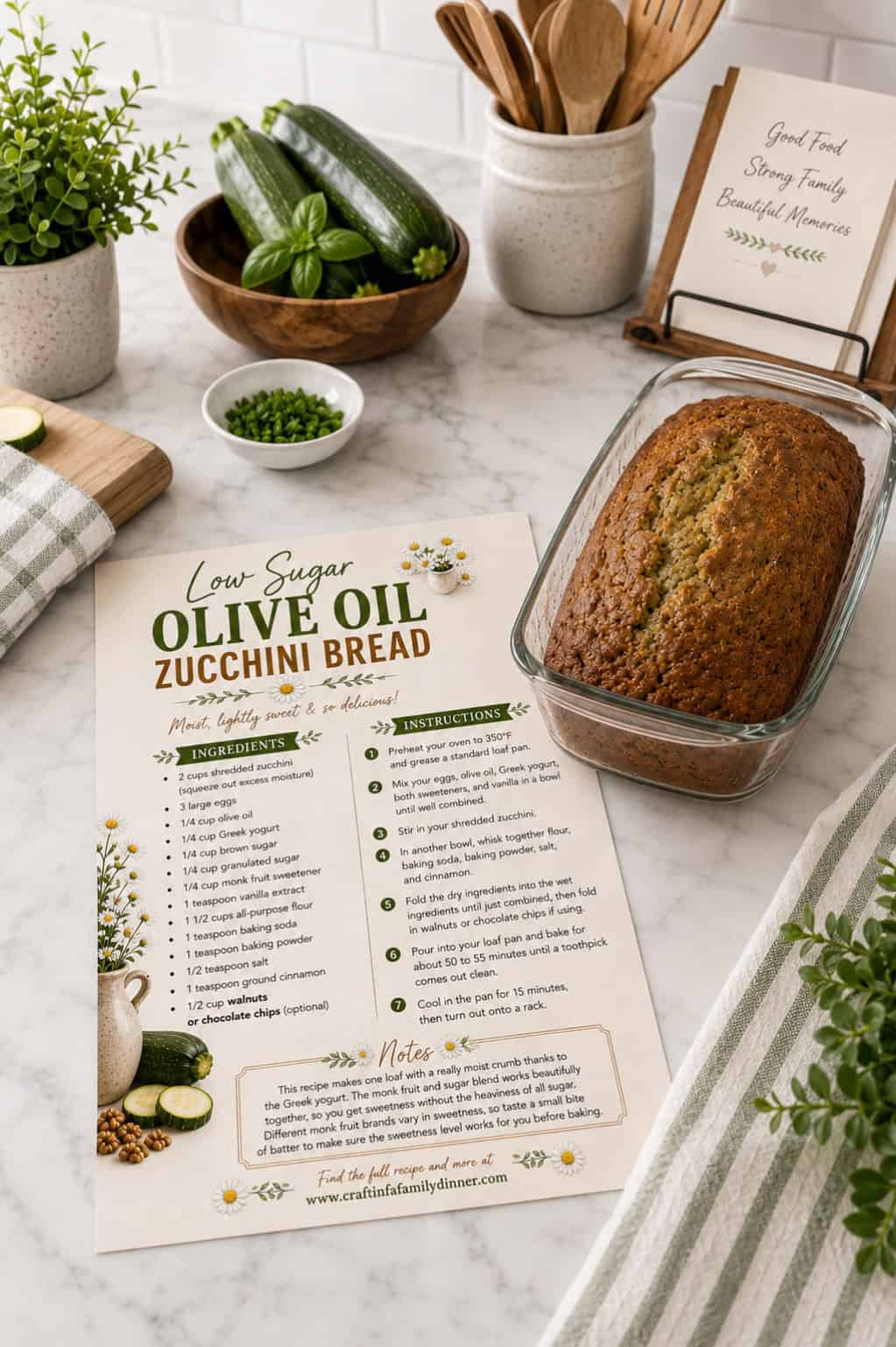 A printed Low Sugar Olive Oil Zucchini Bread recipe card on a white marble counter, styled with the baked loaf in a glass pan, fresh zucchini in a wood bowl, chopped herbs, and green plants.