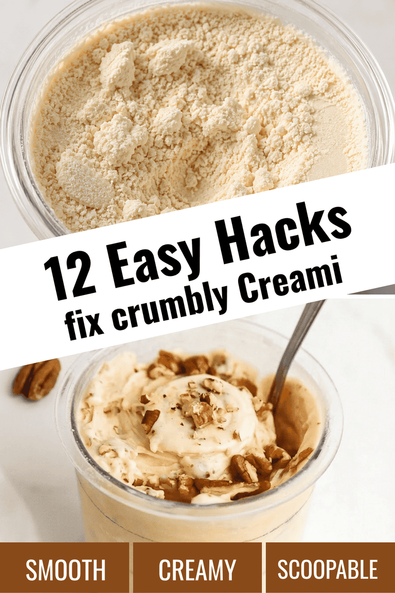 Crumbly powdery Ninja Creami on top and a smooth creamy butter pecan scoop below, showing how to fix crumbly Creami