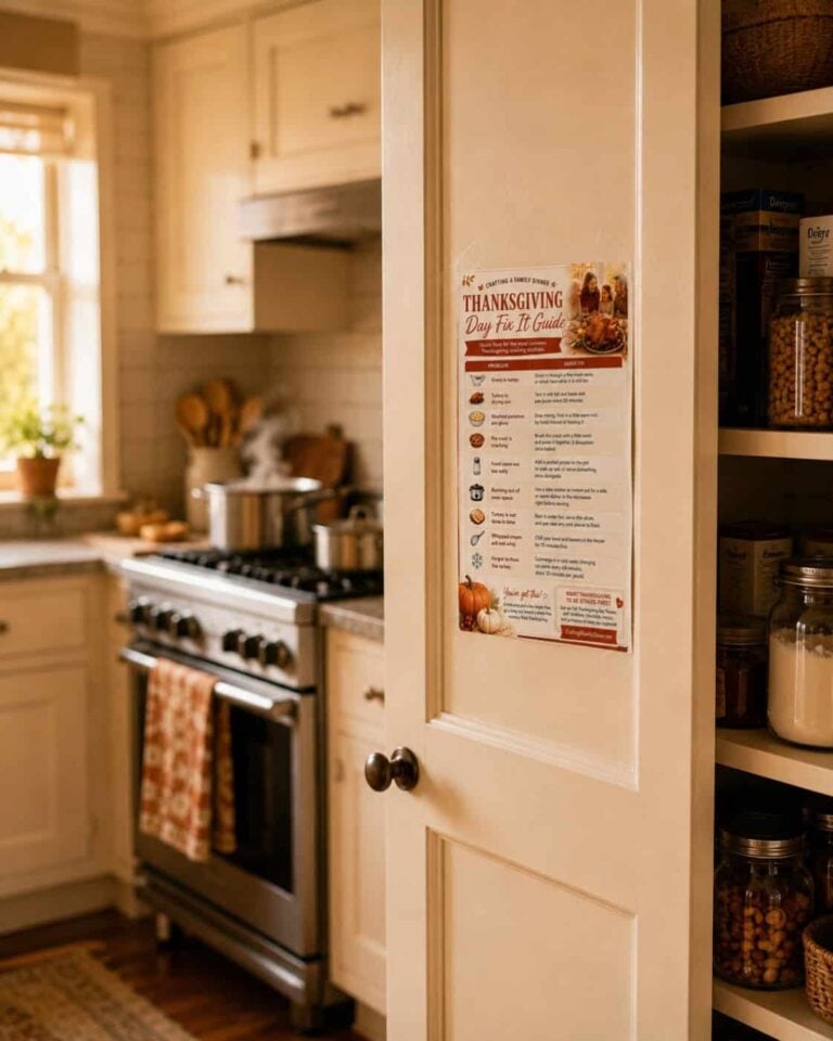 The Thanksgiving Day Fix It Guide printable taped inside a cream pantry door, a quick reference for anyone hosting Thanksgiving, showing fixes for lumpy gravy and a dry turkey with a stove and steaming pots in the sunlit kitchen behind it.