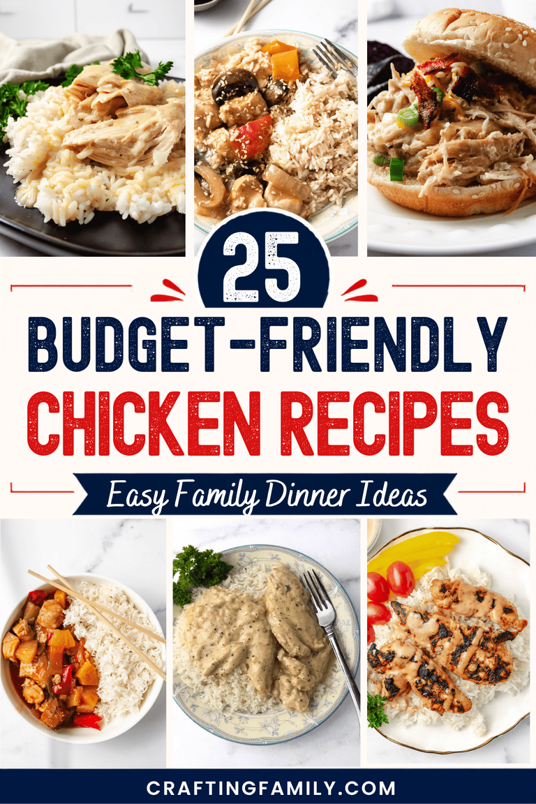 25 budget-friendly chicken recipes featuring creamy chicken, BBQ chicken drumsticks, General Tso’s chicken, sweet and sour chicken, creamy mushroom chicken with mashed potatoes, and Italian grilled chicken skewers, with the title “Easy Family Dinner Ideas.
