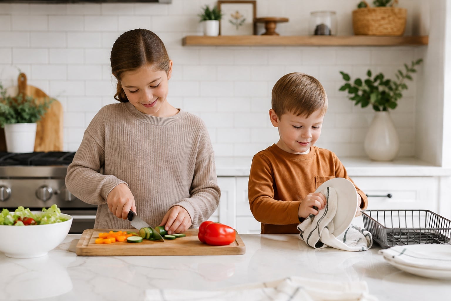 Two children work together in a bright white kitchen. An older child slices vegetables on a cutting board while a younger child dries a plate with a kitchen towel, showing age appropriate kitchen chores and teamwork.