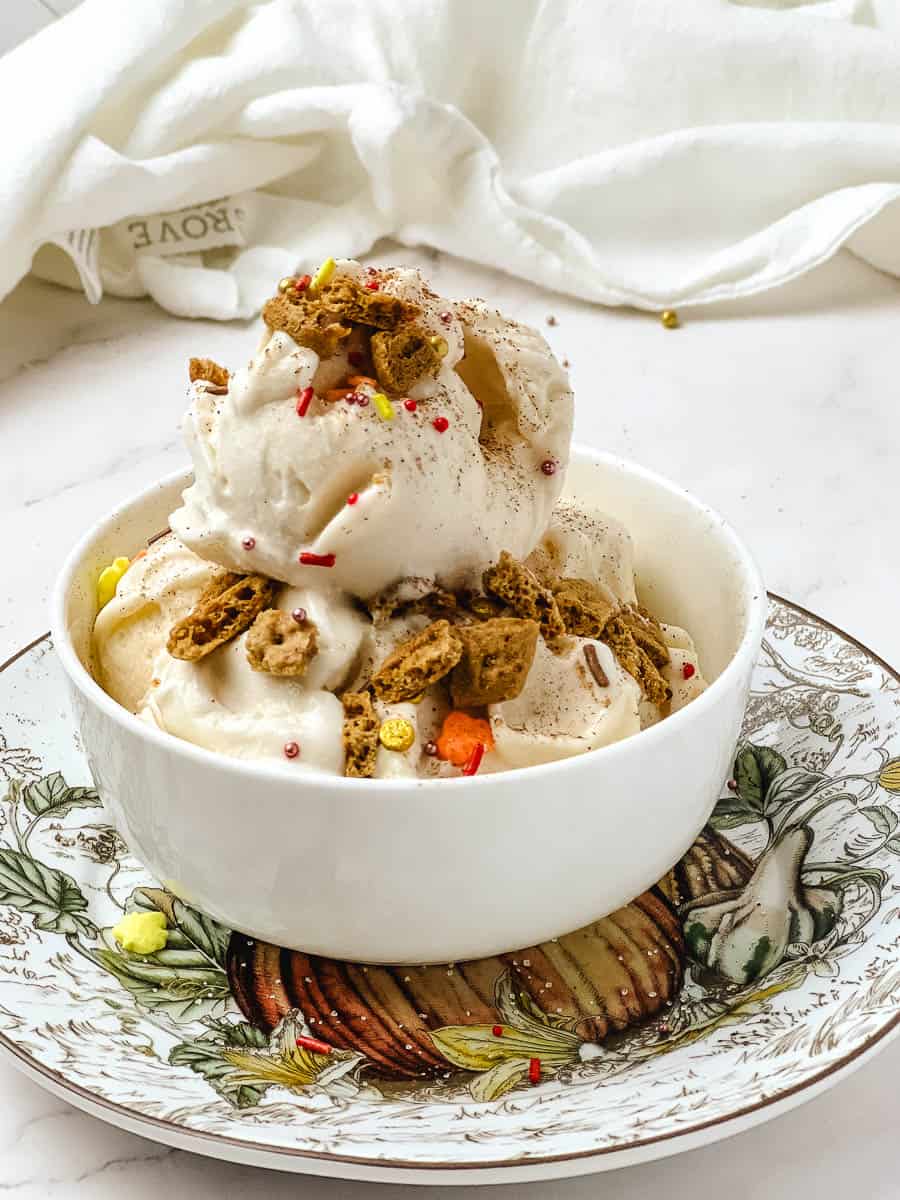 Bowl of pumpkin protein ice cream topped with graham cracker crumble and a dusting of cinnamon on a pumpkin shaped plate