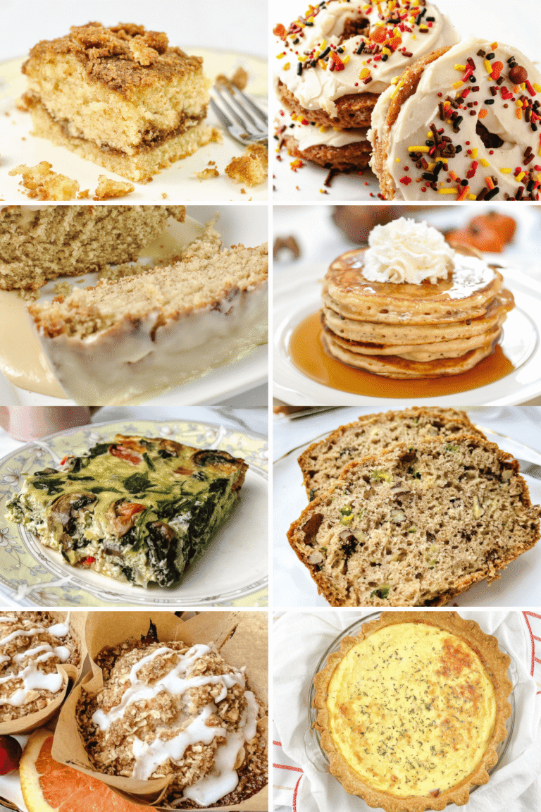 Collage of Christmas breakfast ideas with cinnamon coffee cake, apple cider donuts with sprinkles, pancakes, spinach egg casserole, quiche, cranberry orange muffins, and glazed quick breads for an easy Christmas morning breakfast