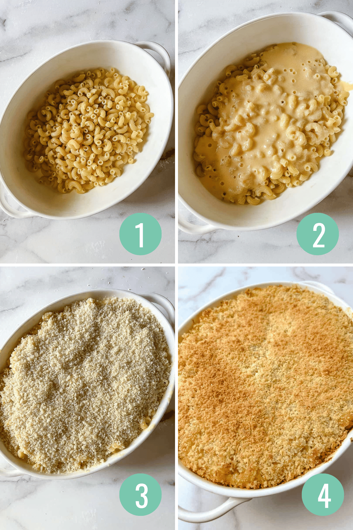Four step collage showing how to make baked mac and cheese with noodles, cheese sauce, panko topping, and a golden baked top