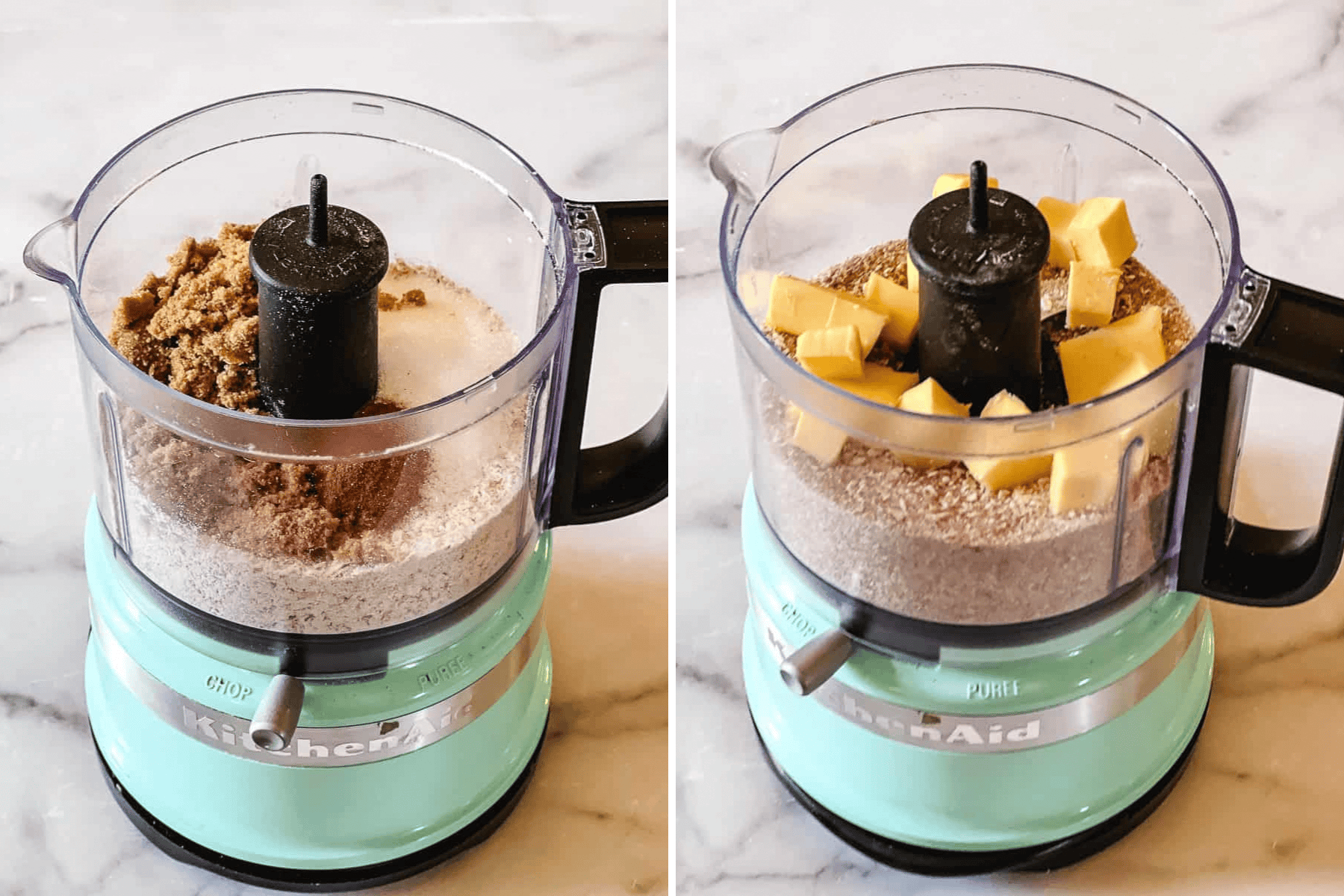 Making streusel topping for cranberry orange muffins in a mint green KitchenAid mini food processor, with brown sugar and ground oats on the left and cold butter chunks added on the right.