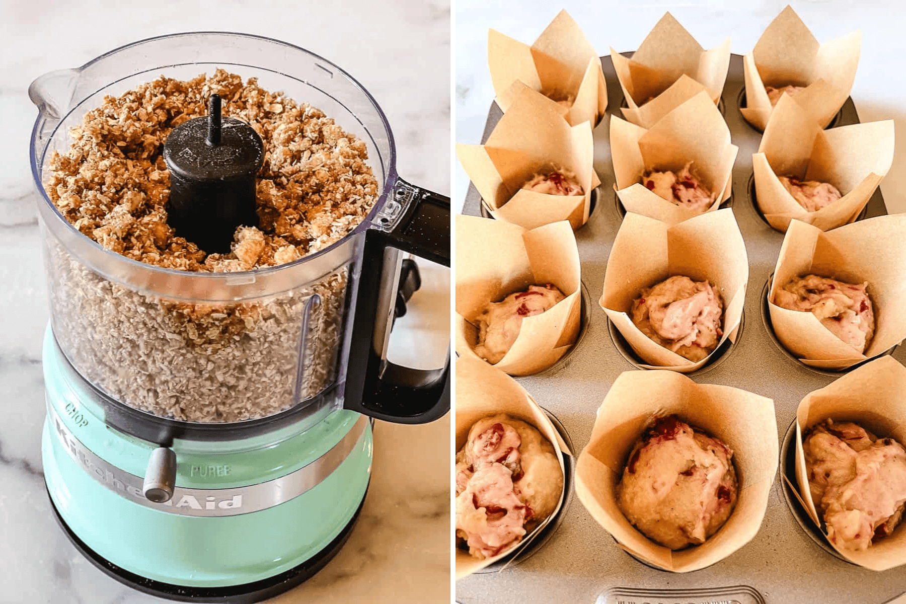 Oat streusel topping for cranberry orange muffins in a mini food processor, next to muffin batter with cranberries in kraft tulip liners in a muffin pan.