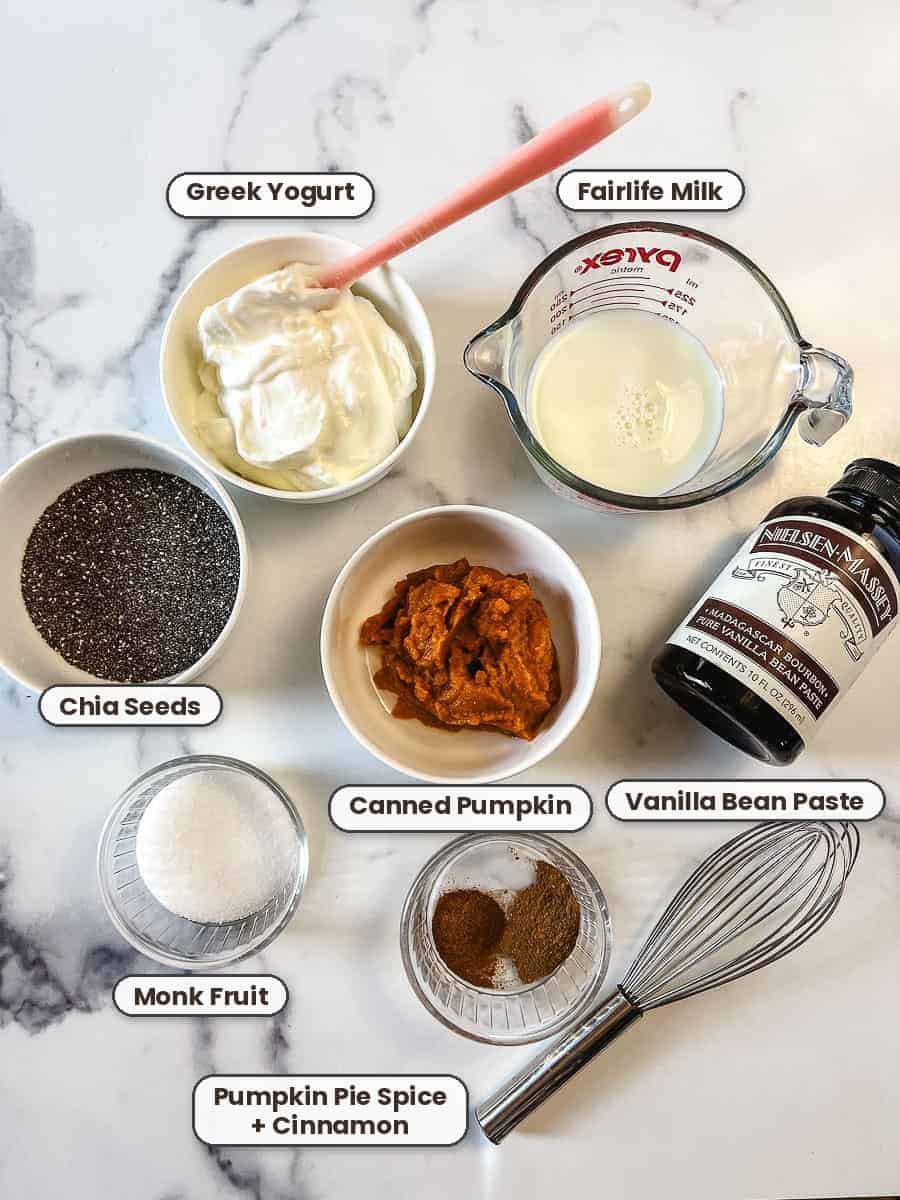 Ingredients for pumpkin chia seed pudding on a white marble counter: Greek yogurt, canned pumpkin, chia seeds, milk in a measuring cup, monk fruit sweetener, pumpkin pie spice and cinnamon, vanilla bean paste, and a whisk.